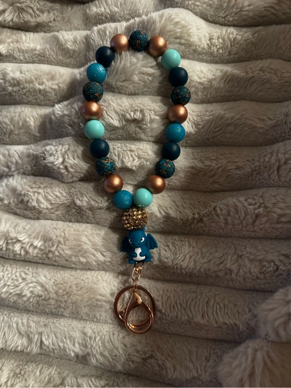 Beaded Blue & Copper Charm Wristlet Keychain Bracelet